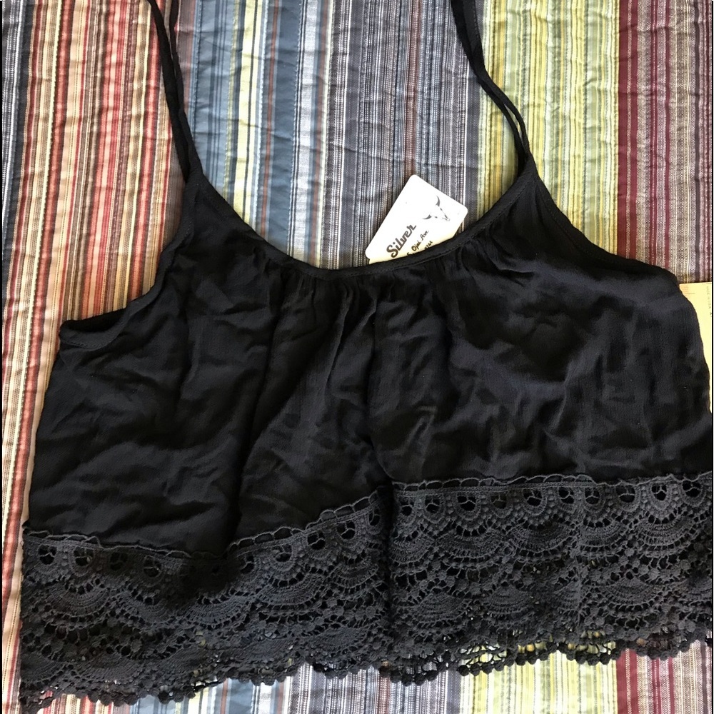 super cute Large black crop top w/crochet bottom